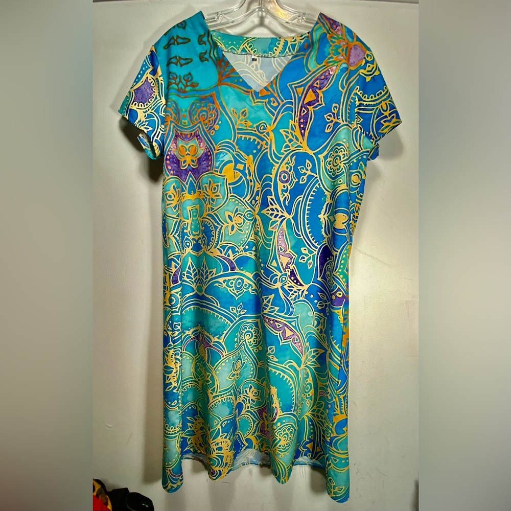 No Brand Pretty Batik-Style Print Polyester Tunic Dress Short Sleeved XXL